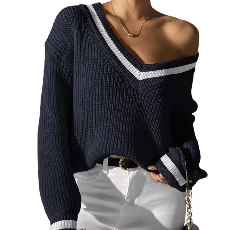 Pullover Sweater Women Casual Knitting Top V Neck Patchwork Jumper Office Lady Knitwear Female Autumn Winter Knitted  Sweaters Tops