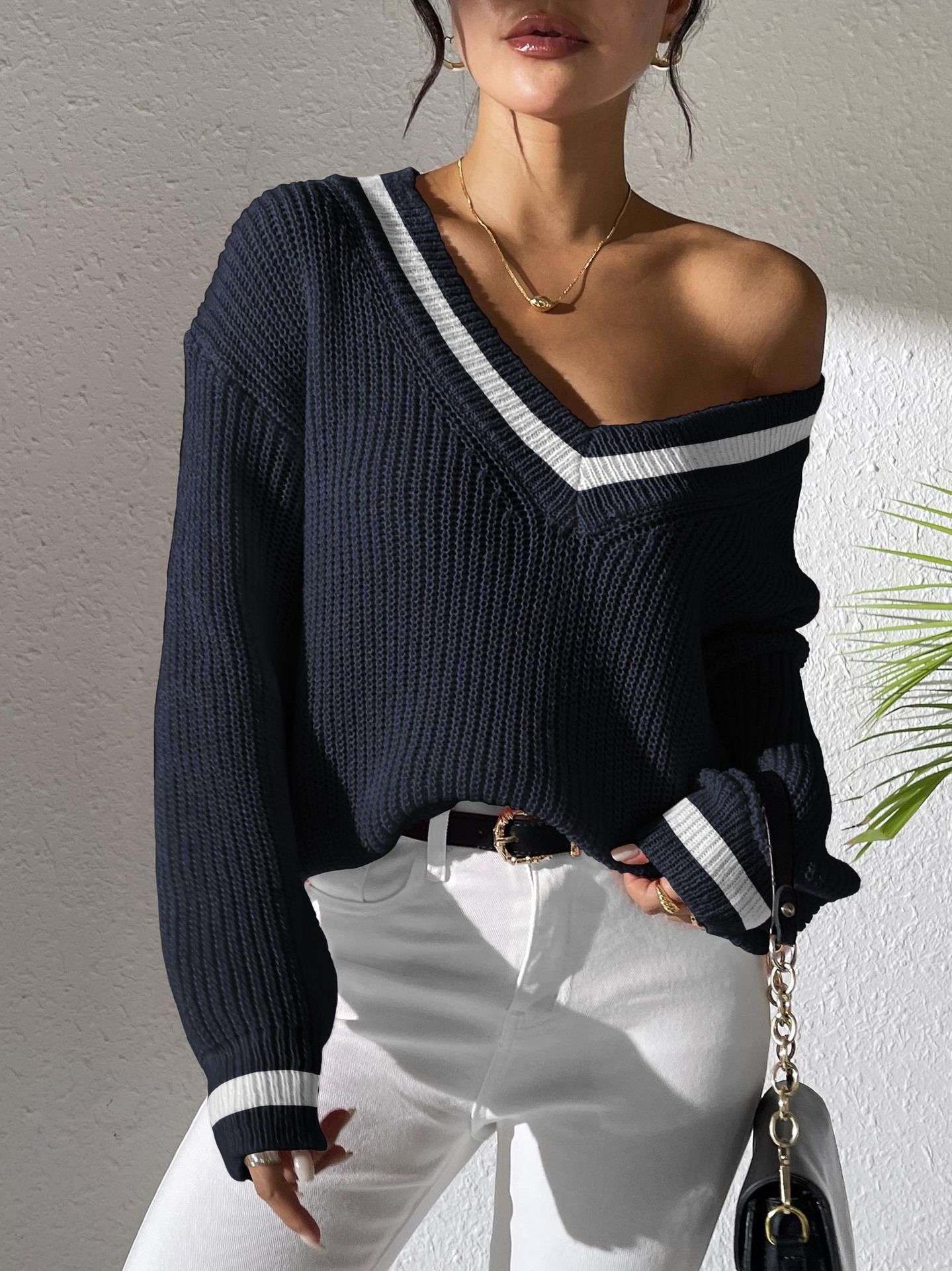 Pullover Sweater Women Casual Knitting Top V Neck Patchwork Jumper Office Lady Knitwear Female Autumn Winter Knitted  Sweaters Tops