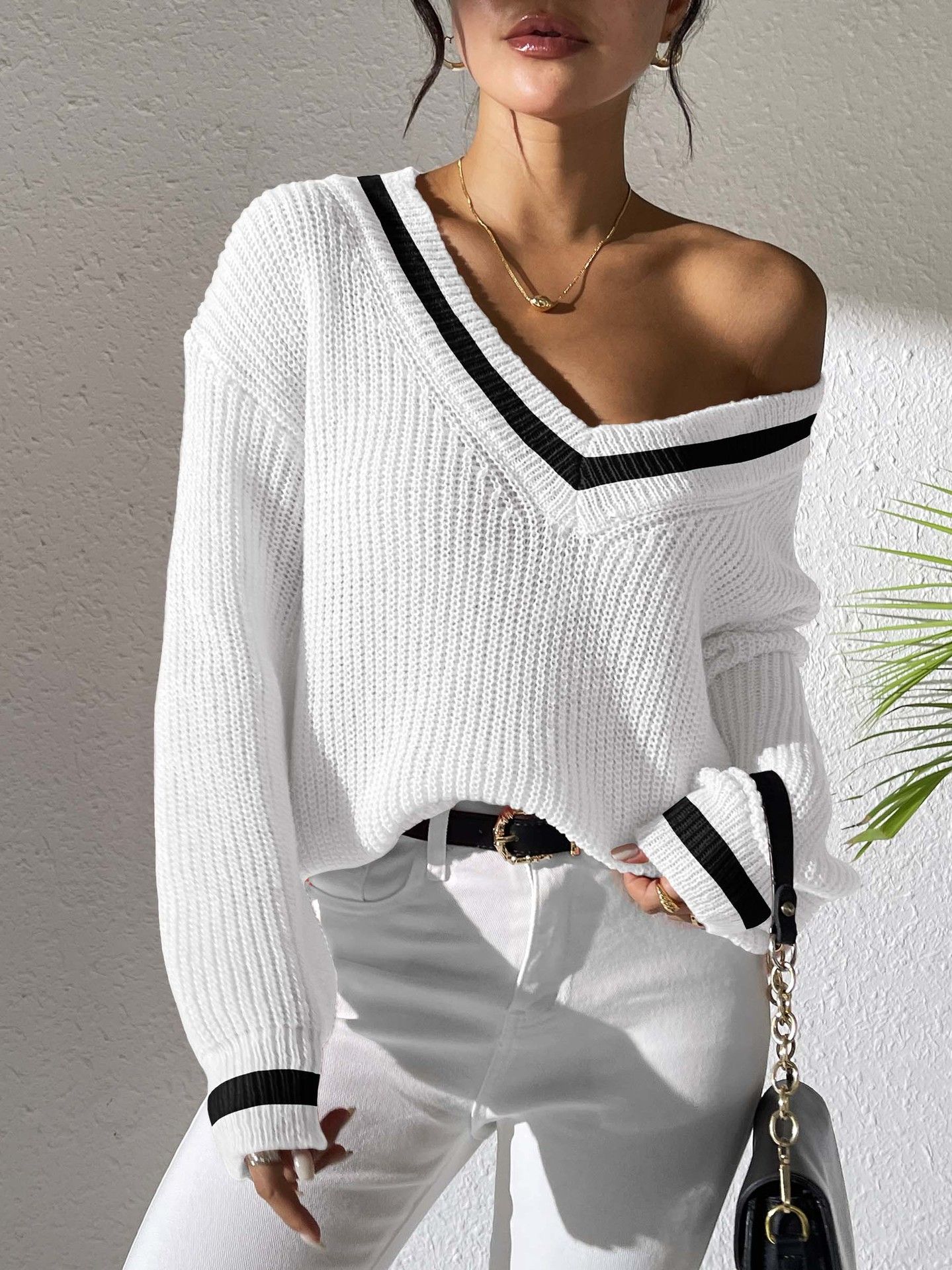 Pullover Sweater Women Casual Knitting Top V Neck Patchwork Jumper Office Lady Knitwear Female Autumn Winter Knitted  Sweaters Tops