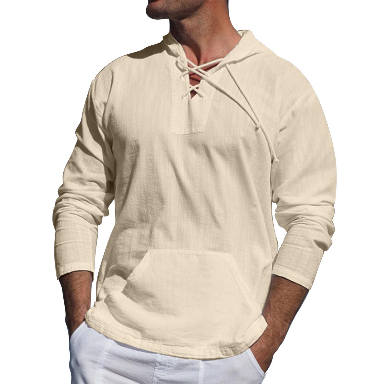 Men Summer Hooded T-shirt Male Spring Solid Color Long Sleeved Shirts Cotton Linen Shirt Casual Breathable Gym Sports Tops
