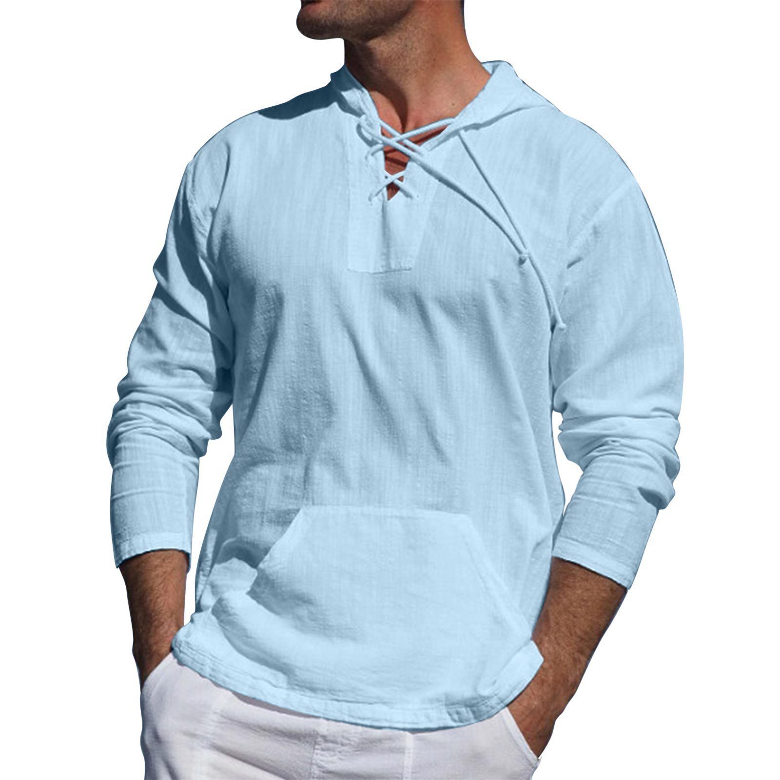 Men Summer Hooded T-shirt Male Spring Solid Color Long Sleeved Shirts Cotton Linen Shirt Casual Breathable Gym Sports Tops