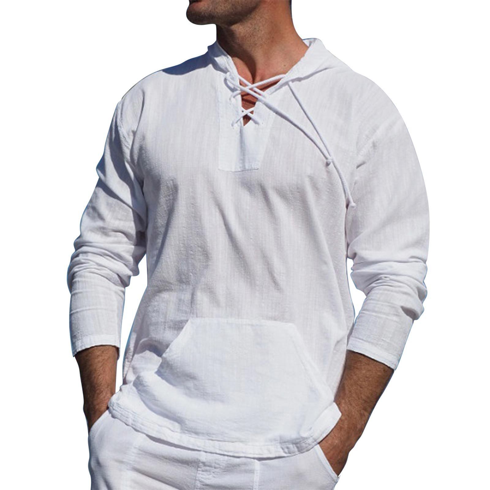 Men Summer Hooded T-shirt Male Spring Solid Color Long Sleeved Shirts Cotton Linen Shirt Casual Breathable Gym Sports Tops