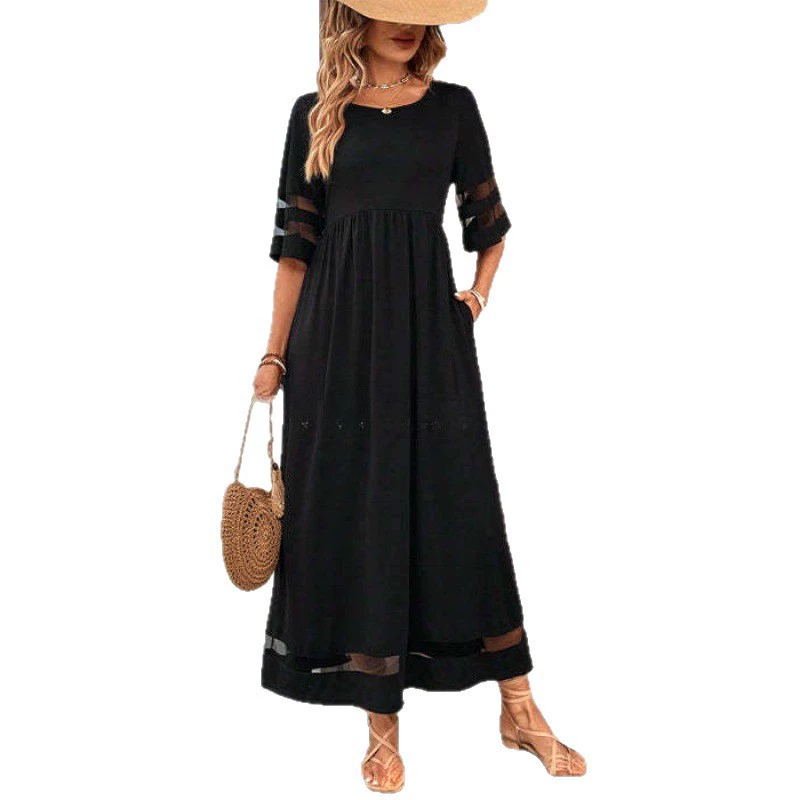 Elegant Women's Summer Long Dress Sexy O Neck Black Sundress Casual Holiday Loose Beach Party Office Maxi Dresses Female Vestido