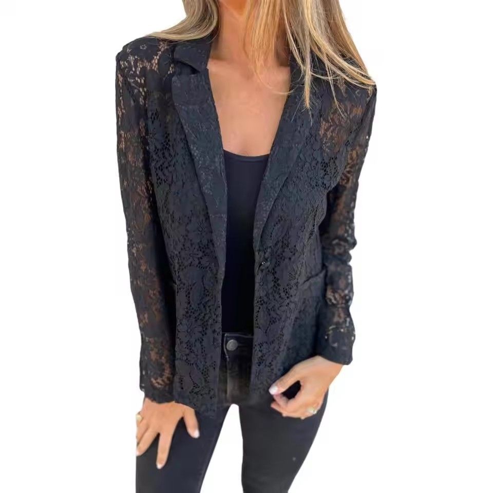 Fashion Lace Black Suit Jacket Lady Elegant Office Long Sleeve Turn-down Collar Coat Tops For Women Spring Womens Clothing New