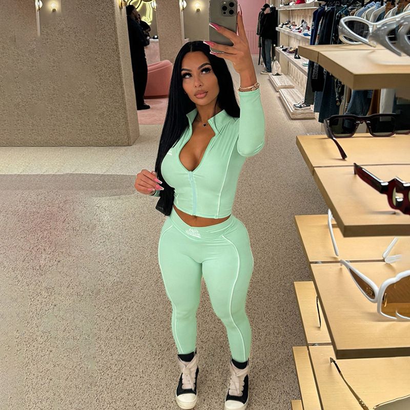 Autumn Winter New 2 Piece Sets Women Outfit Letter Printing Zip Patchwork Crop Tops And Pants Female Fashion Streetwear