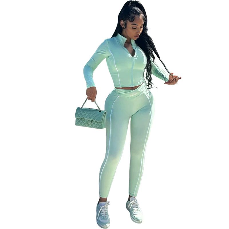 Autumn Winter New 2 Piece Sets Women Outfit Letter Printing Zip Patchwork Crop Tops And Pants Female Fashion Streetwear
