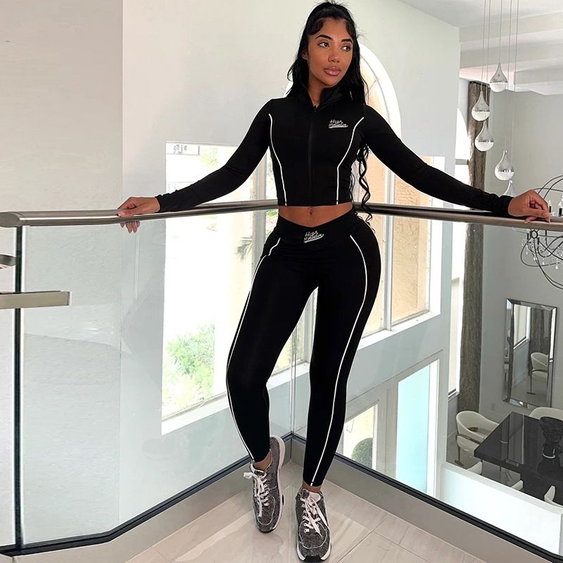 Autumn Winter New 2 Piece Sets Women Outfit Letter Printing Zip Patchwork Crop Tops And Pants Female Fashion Streetwear