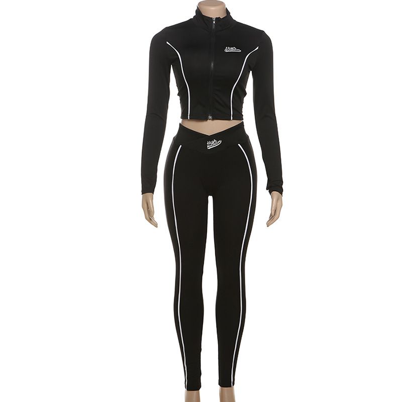 Autumn Winter New 2 Piece Sets Women Outfit Letter Printing Zip Patchwork Crop Tops And Pants Female Fashion Streetwear