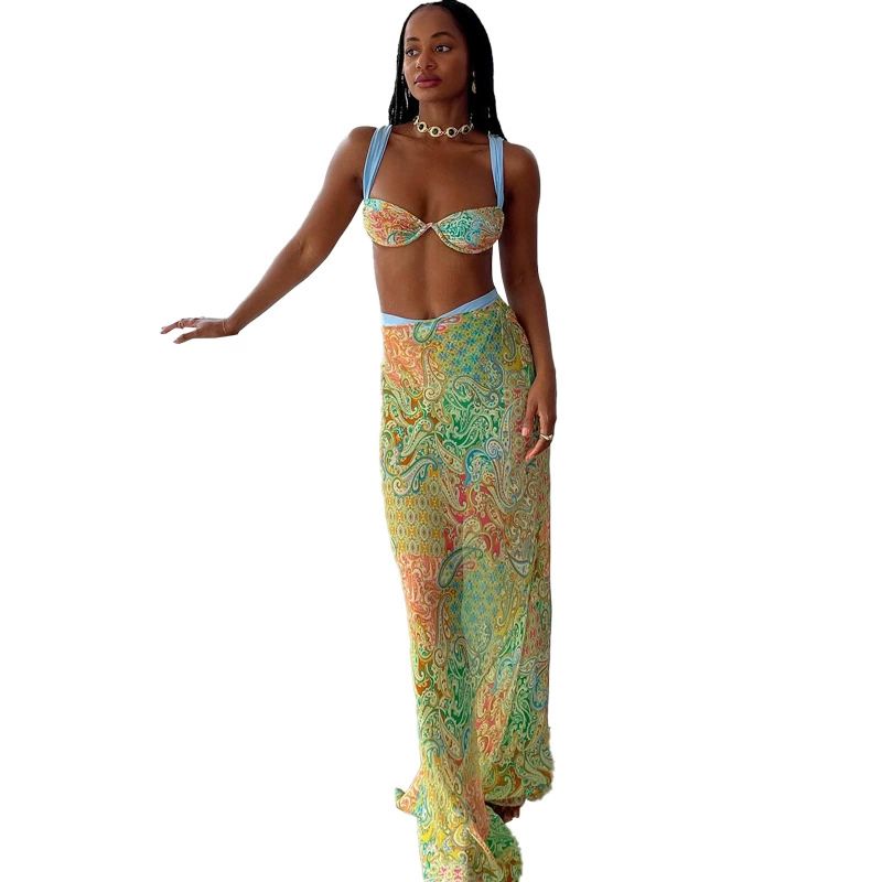 Summer Vacation 2 Piece Set Women Colorful Print Bra Tops+High-Waist Hollow Maxi Skirts Matching Midnight Clubwear