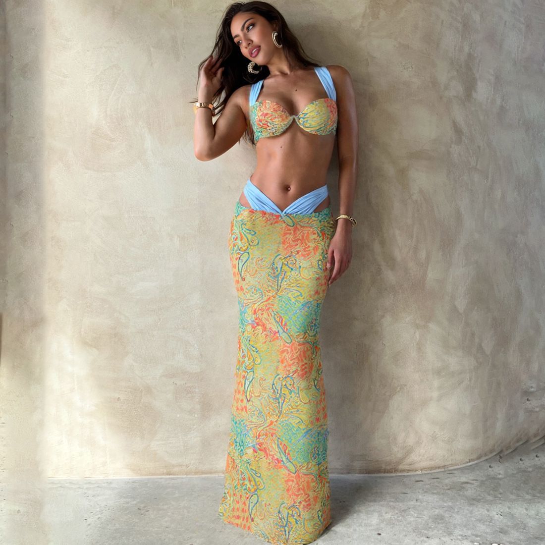 Summer Vacation 2 Piece Set Women Colorful Print Bra Tops+High-Waist Hollow Maxi Skirts Matching Midnight Clubwear