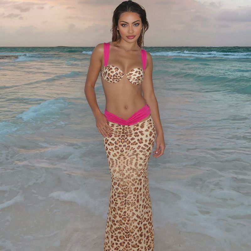 Summer Vacation 2 Piece Set Women Colorful Print Bra Tops+High-Waist Hollow Maxi Skirts Matching Midnight Clubwear