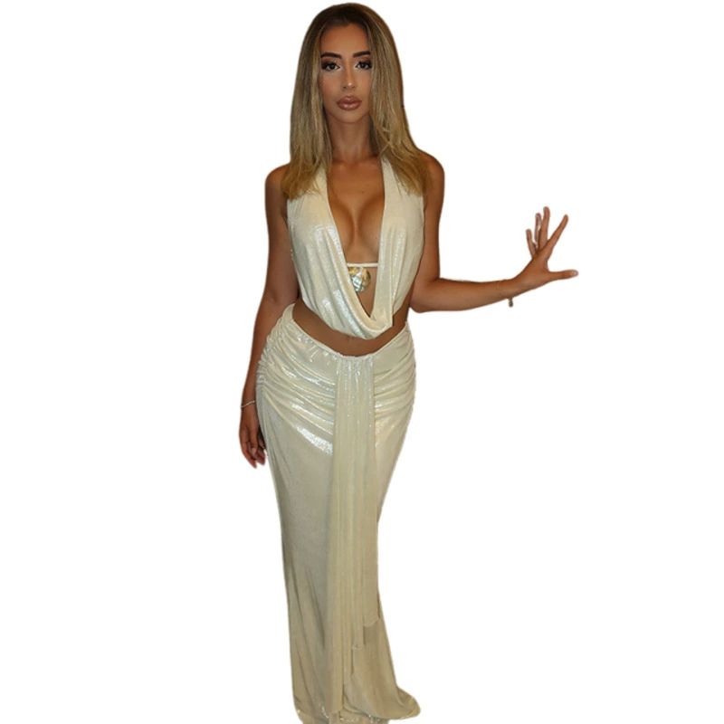 Club 2 Piece Set Summer New Sexy Swinging Neck Backless Chic Tanks+Pleated Ribbons Maxi Skirts Female Attirewear
