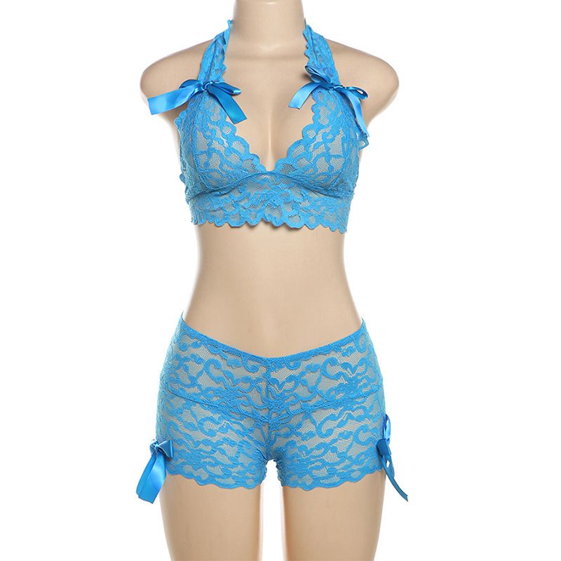 Lace Sheer Sexy Suits Halter V-Neck Bandage Short Tops+Mini Shorts Women Backless Bow Hotsweet Two Pieces Sets
