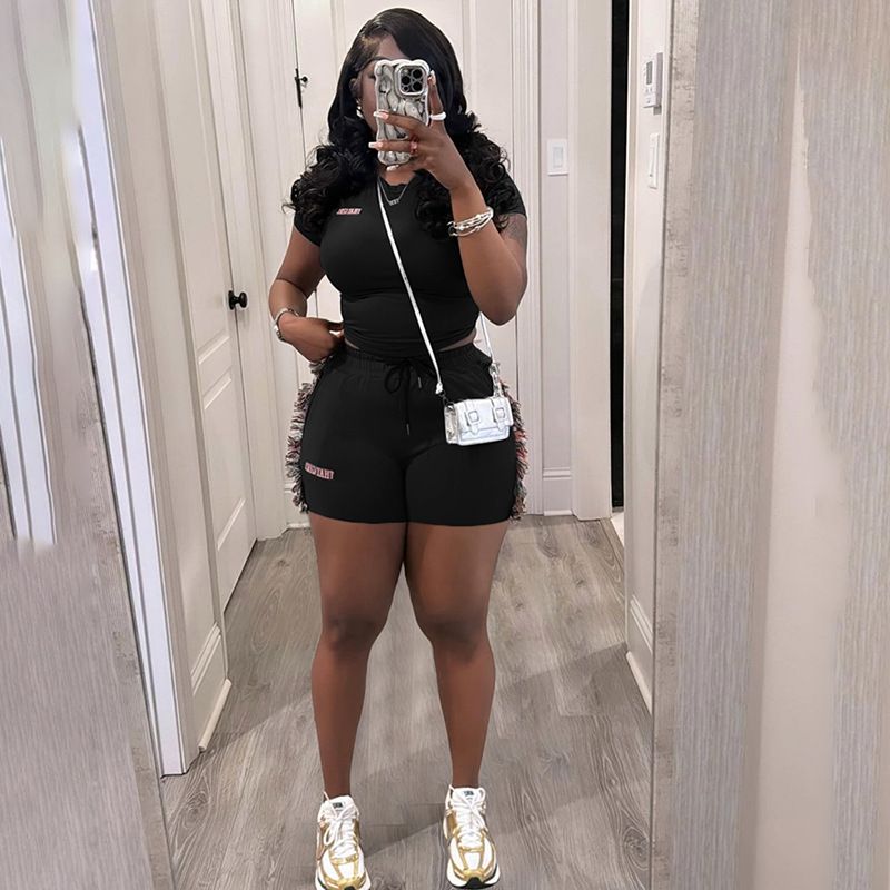 Fashion Streetwear 2 Piece Sets Women Outfit Embroidered Letters Short Sleeve Crop Top And Tassels Short Suits
