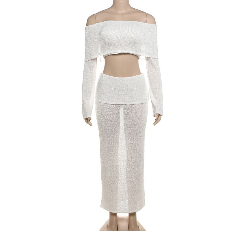 Elegant 2 Piece Set Women Chic Hairball Lapel Slash Neck Crop Top+Maxi Skirts Matching Autumn Trend Streetwear Suits