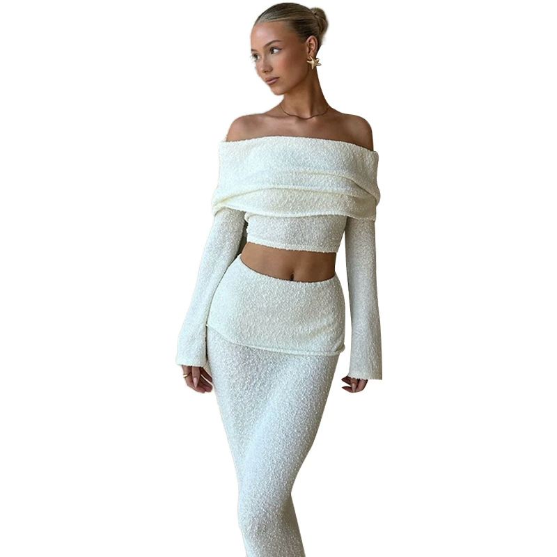 Elegant 2 Piece Set Women Chic Hairball Lapel Slash Neck Crop Top+Maxi Skirts Matching Autumn Trend Streetwear Suits