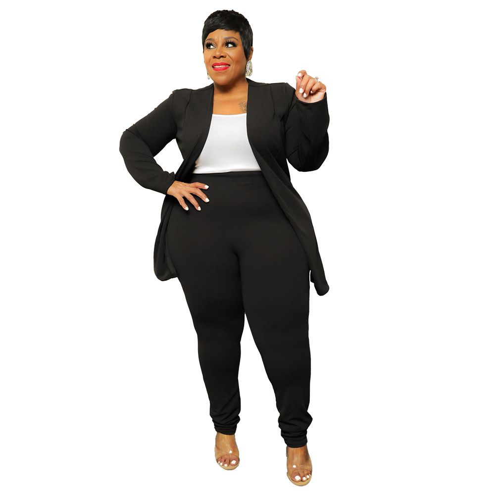 Big Size Office Lady Two-piece Suit Long Sleeves Coat Solid High Waist Pencil Pants Fashion Woman Pants Set 3XL 4XL Autumn