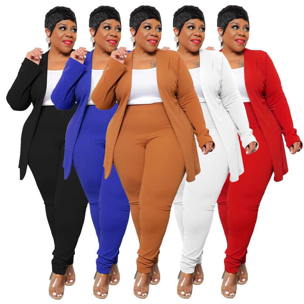 Big Size Office Lady Two-piece Suit Long Sleeves Coat Solid High Waist Pencil Pants Fashion Woman Pants Set 3XL 4XL Autumn