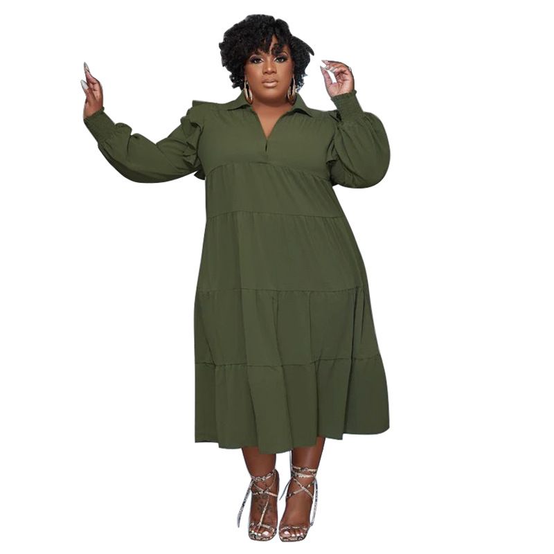 L-4XL Plus Size Dresses for Women African Ruffles Long Sleeve Solid Color Loose Casual Long Dresses