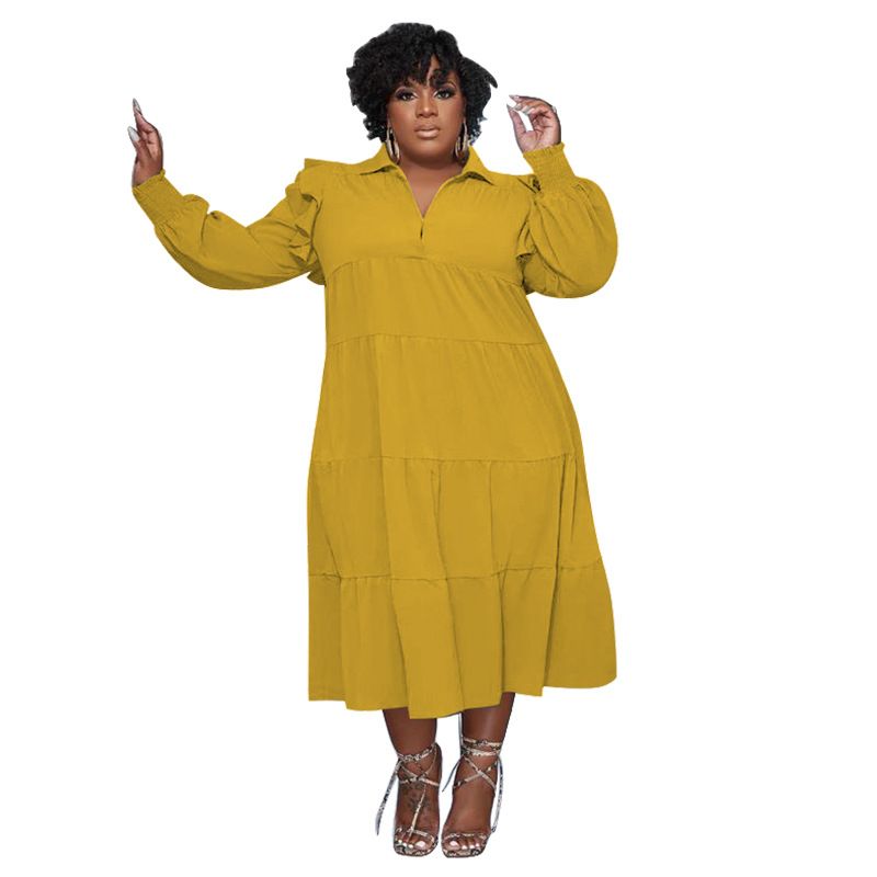 L-4XL Plus Size Dresses for Women African Ruffles Long Sleeve Solid Color Loose Casual Long Dresses