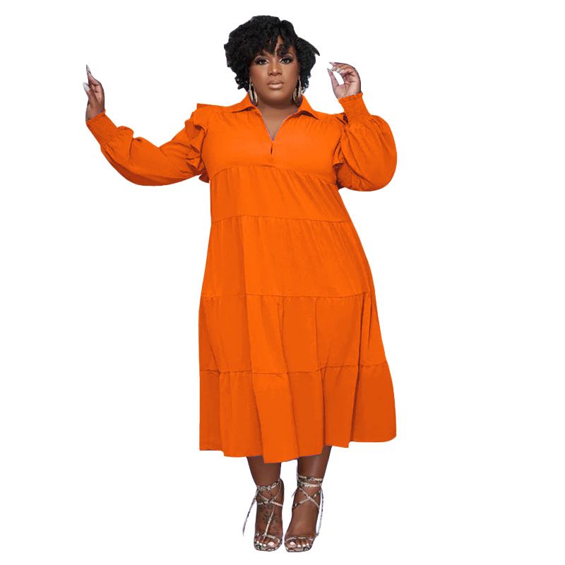 L-4XL Plus Size Dresses for Women African Ruffles Long Sleeve Solid Color Loose Casual Long Dresses