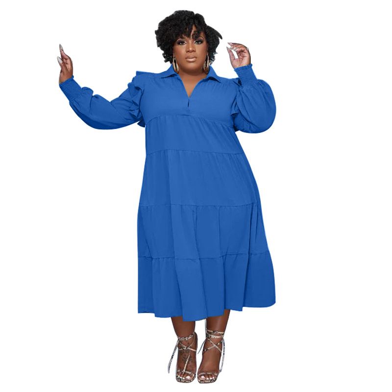L-4XL Plus Size Dresses for Women African Ruffles Long Sleeve Solid Color Loose Casual Long Dresses