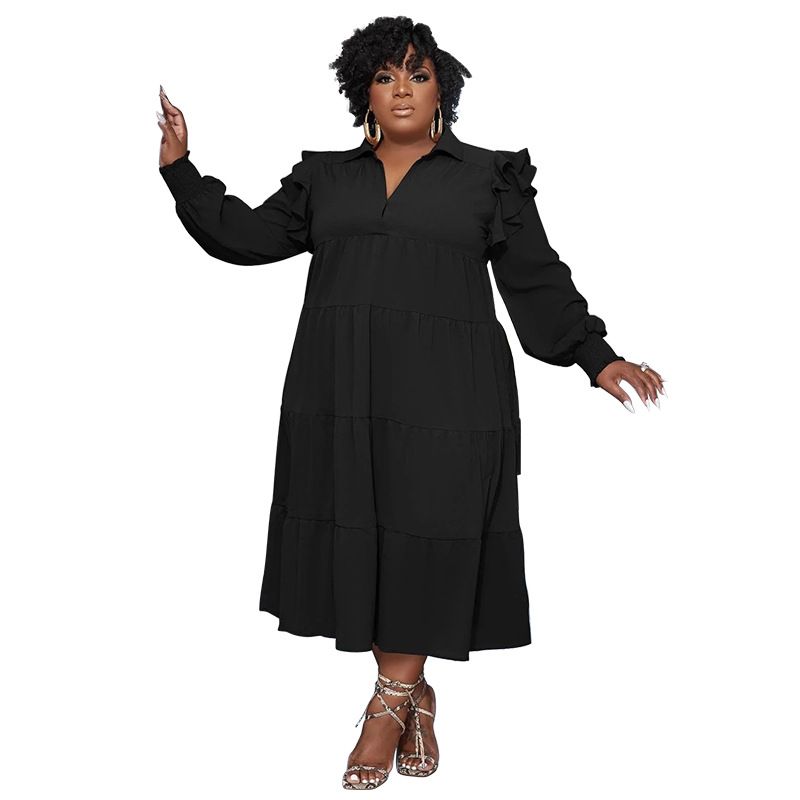 L-4XL Plus Size Dresses for Women African Ruffles Long Sleeve Solid Color Loose Casual Long Dresses