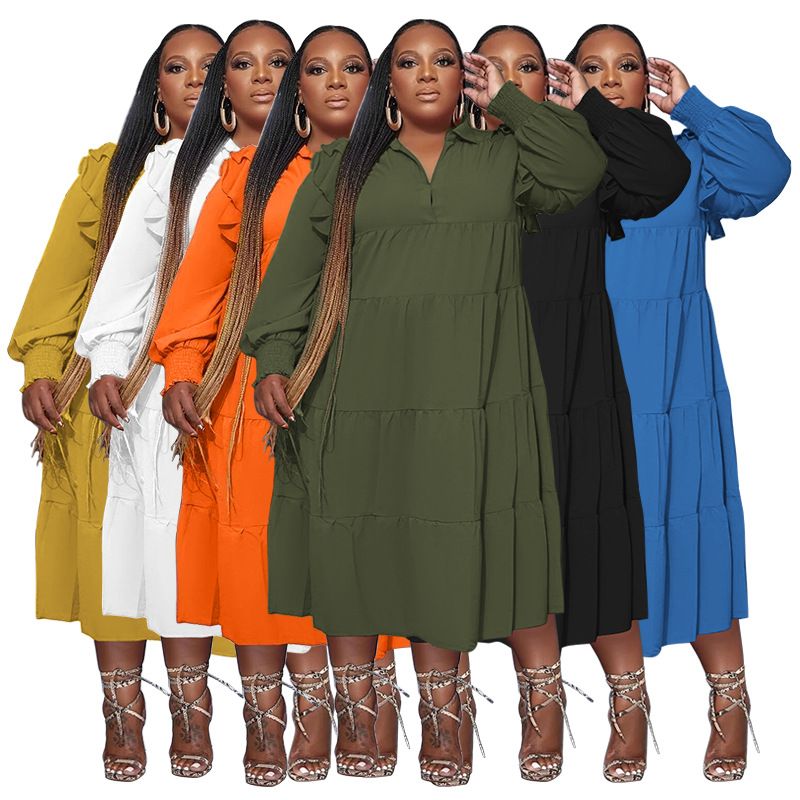 L-4XL Plus Size Dresses for Women African Ruffles Long Sleeve Solid Color Loose Casual Long Dresses