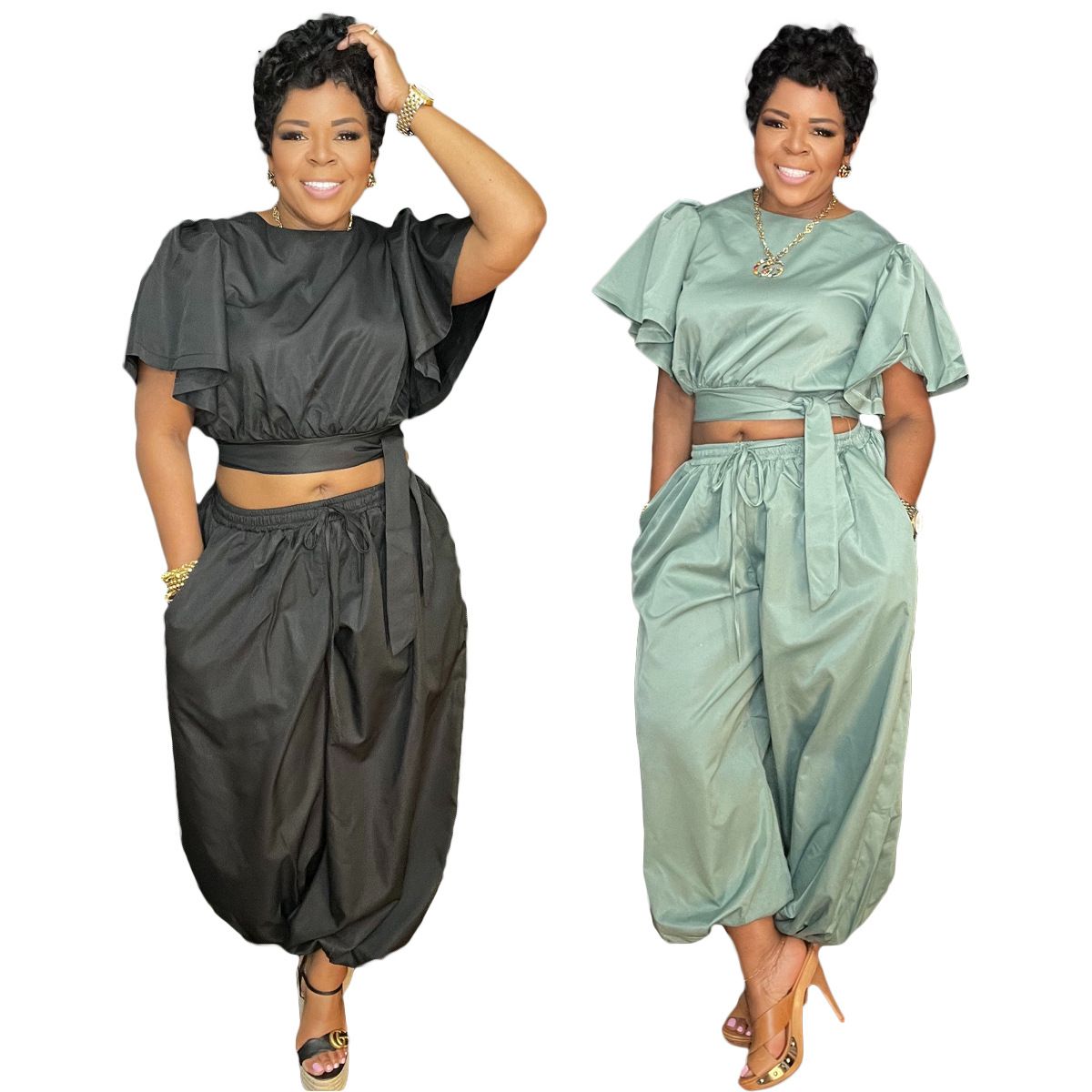 Women's Set Ruched O-neck Short Flare Sleeve Crop Top and Pants Suits Street Two 2 Piece Set Outfit Tracksuit