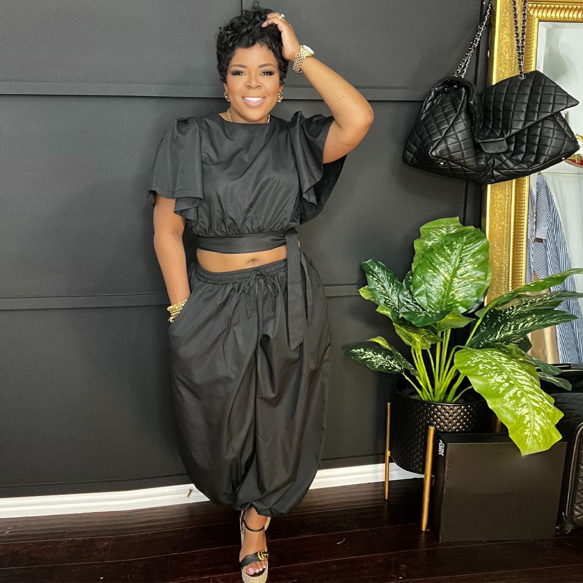 Women's Set Ruched O-neck Short Flare Sleeve Crop Top and Pants Suits Street Two 2 Piece Set Outfit Tracksuit