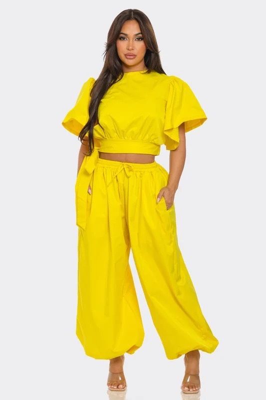 Women's Set Ruched O-neck Short Flare Sleeve Crop Top and Pants Suits Street Two 2 Piece Set Outfit Tracksuit