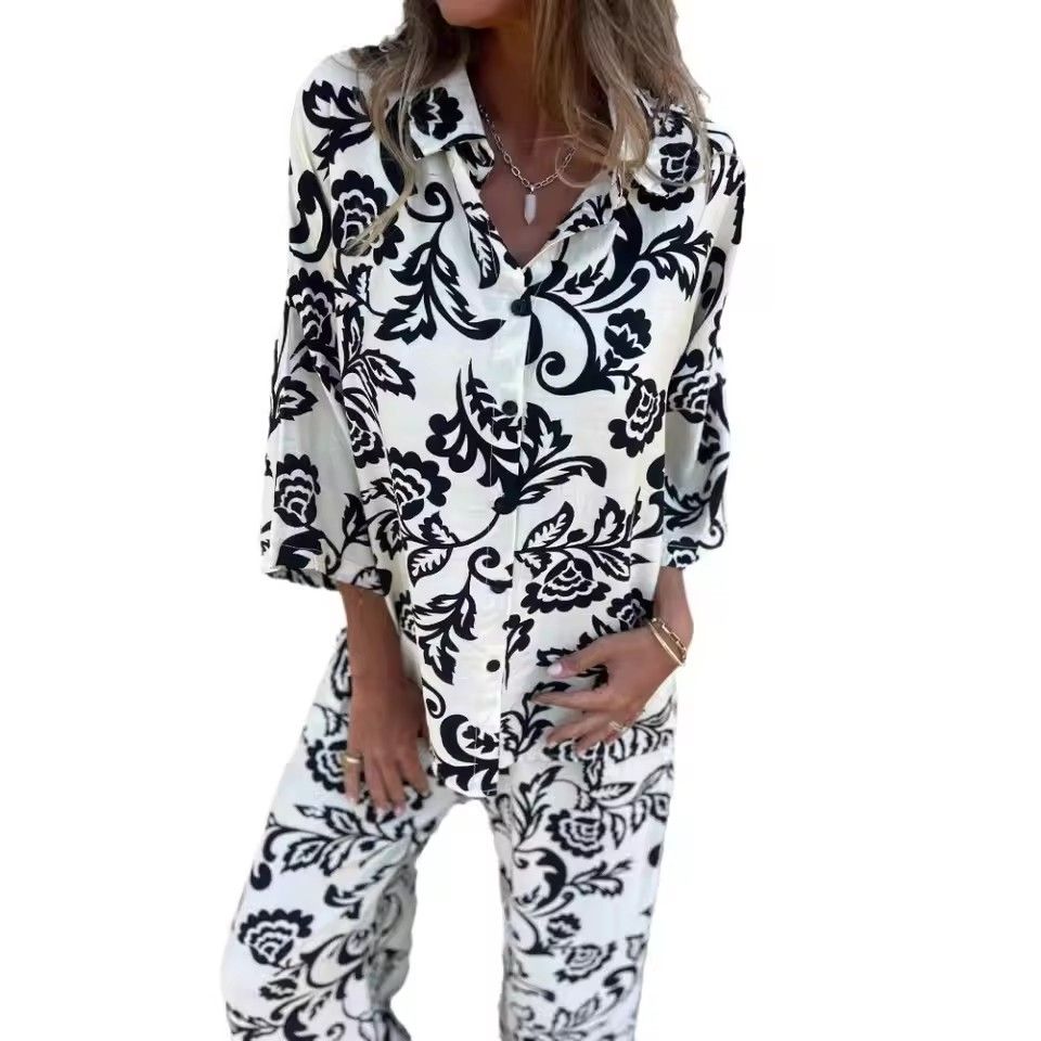 Women's Boho Print Long Sleeve Shirt Trousers 2-Piece Set New Stretch Belt Simple Pocket Pants Fashion Casual Set Women's