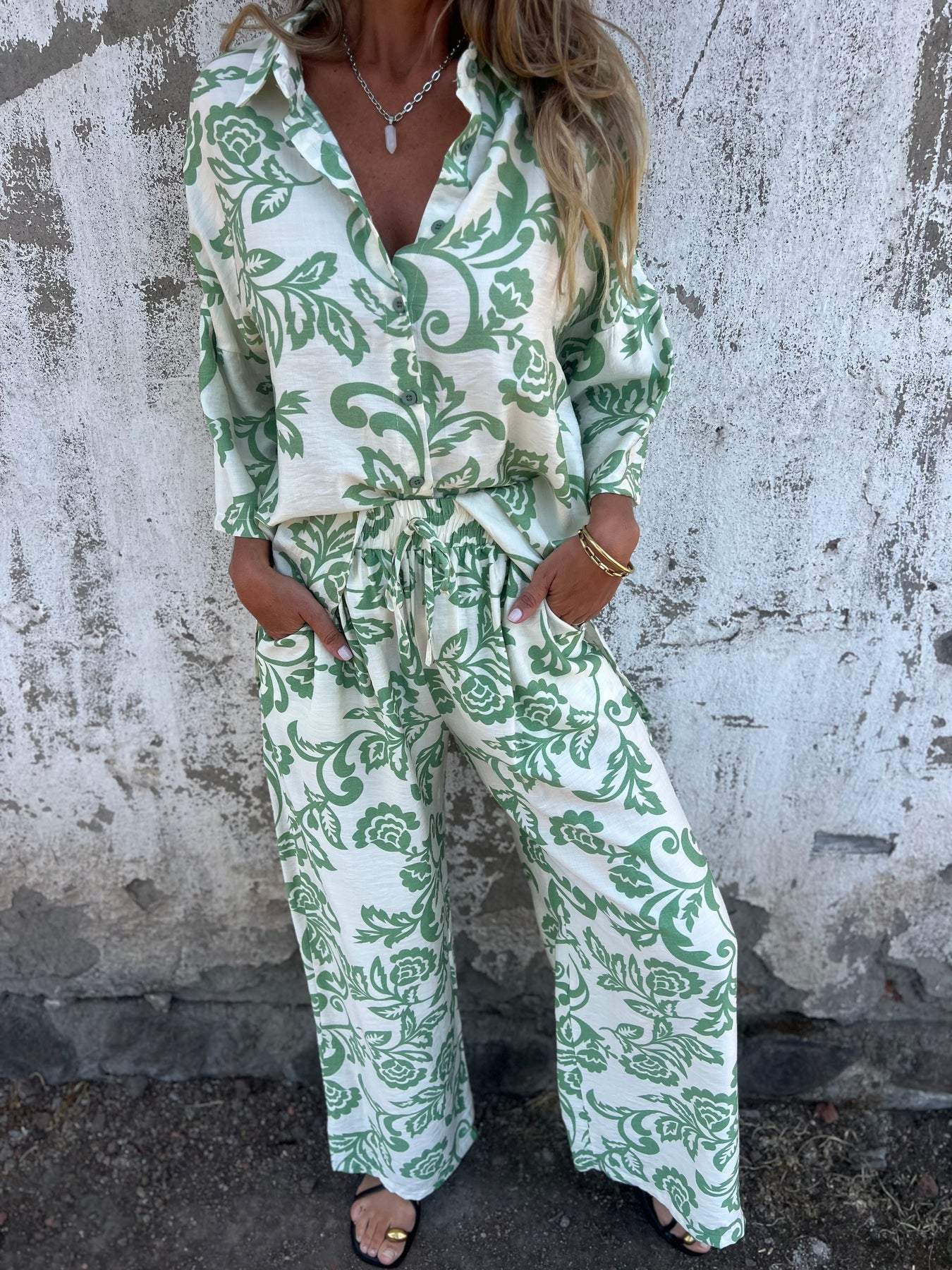 Women's Boho Print Long Sleeve Shirt Trousers 2-Piece Set New Stretch Belt Simple Pocket Pants Fashion Casual Set Women's