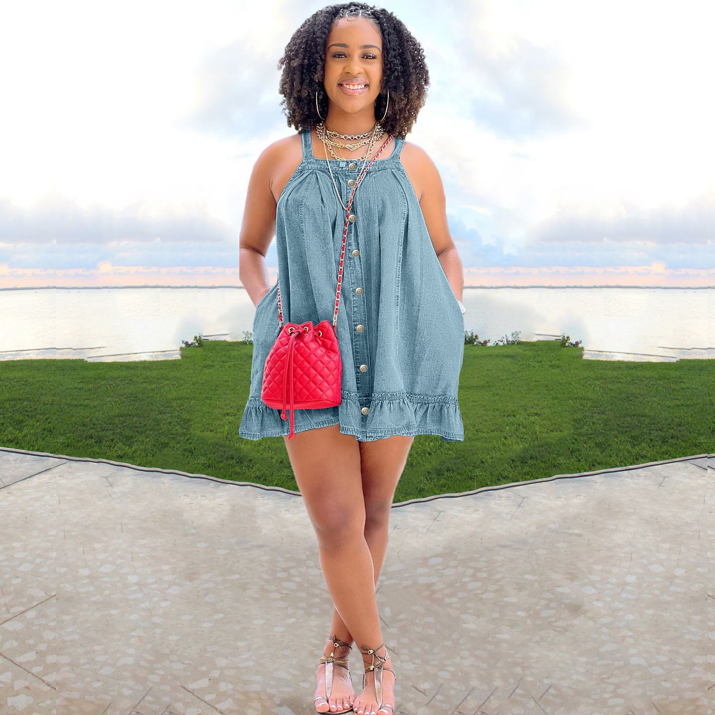 Summer Ruffles Hem Loose A-line Jeans Dress Summer Loose Casual Women Denim Dress Women's Clothing