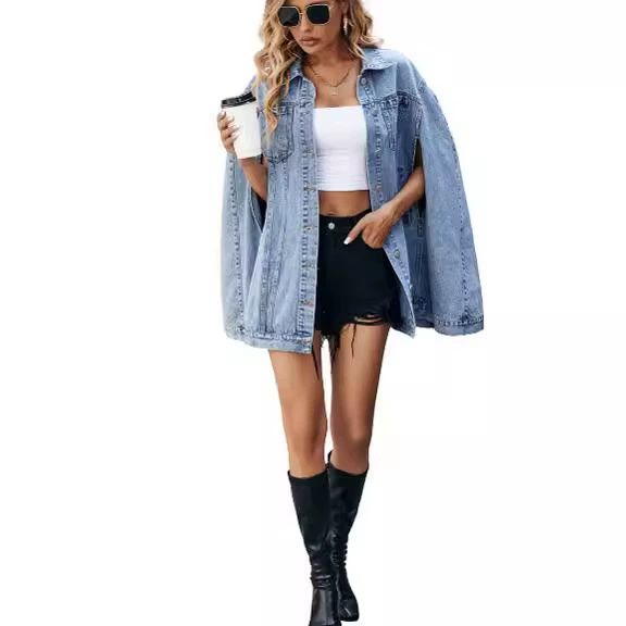 Women Spring Fall Denim Coat Fashion Vintage Pockets Loose Single Breasted Cape Jean Jacket Versatile Female Streetwear