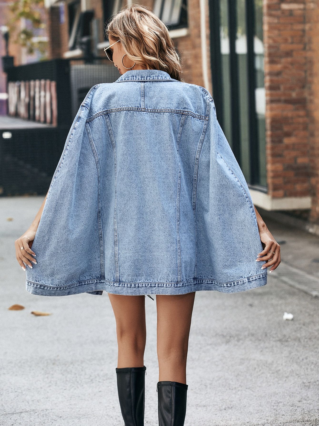 Women Spring Fall Denim Coat Fashion Vintage Pockets Loose Single Breasted Cape Jean Jacket Versatile Female Streetwear