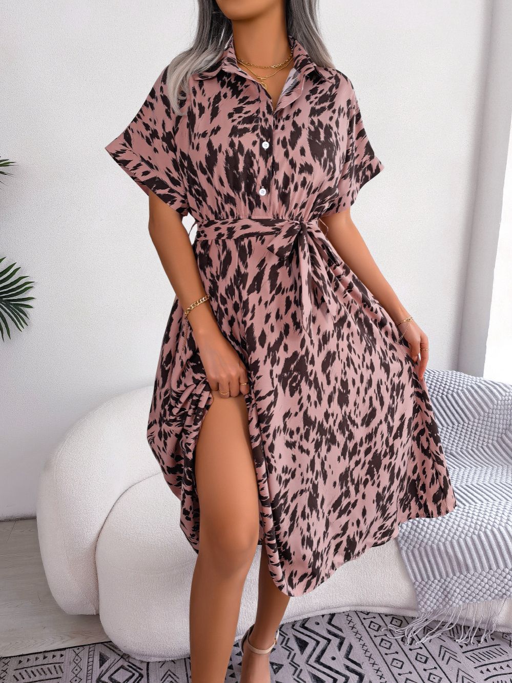 Women Summer Casual Loose Leopard Lace Up Shirt Dress For Ladies Fashion All Match Chic Dresses Women's Clothing