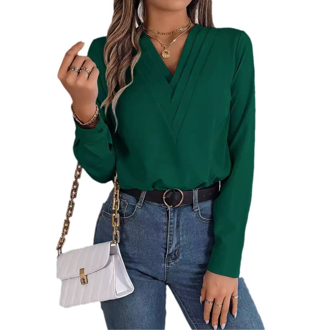 High Quality Autumn and Winter Elegant Solid Color Layered V-neck Fashionable Long Sleeved Shirt Women's Clothing Tops