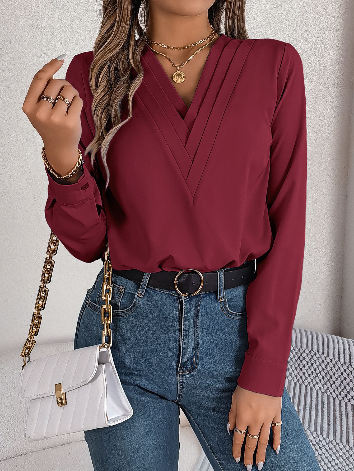 High Quality Autumn and Winter Elegant Solid Color Layered V-neck Fashionable Long Sleeved Shirt Women's Clothing Tops