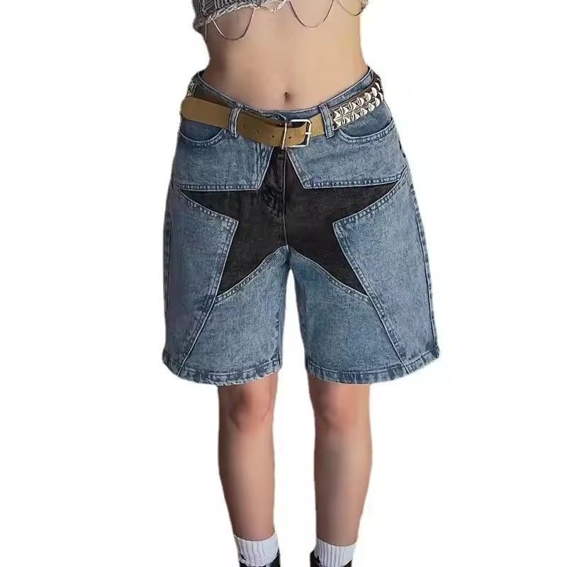Star Patchwork Denim Shorts Men Summer Hip Hop Streetwear Shorts Y2K Harajuku Casual Track Shorts Sweatpants