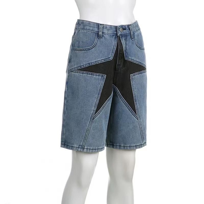 Star Patchwork Denim Shorts Men Summer Hip Hop Streetwear Shorts Y2K Harajuku Casual Track Shorts Sweatpants