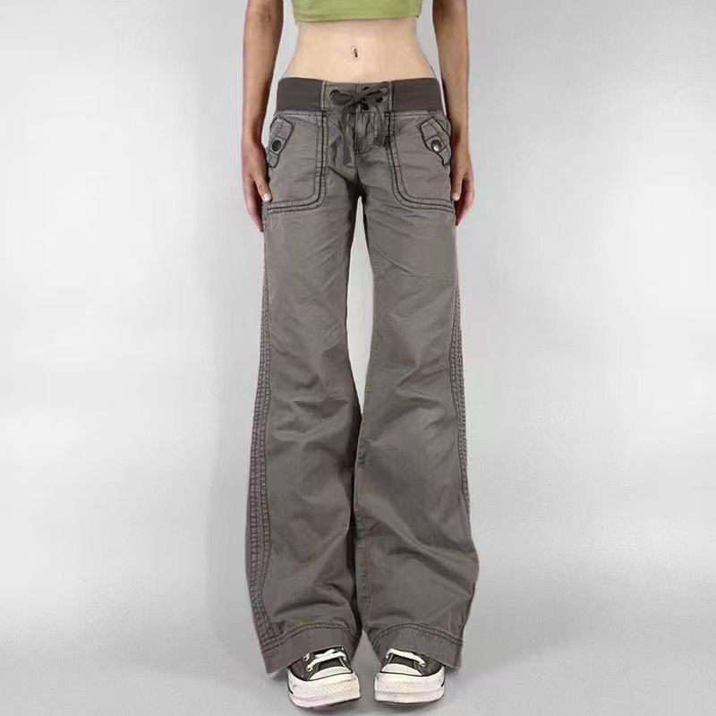 Retro Lace-up Low Rise Pants Streetwear Patchwork Loose Casual for Women Harajuku Straight Trousers Fashion Jeans