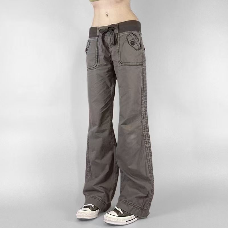 Retro Lace-up Low Rise Pants Streetwear Patchwork Loose Casual for Women Harajuku Straight Trousers Fashion Jeans