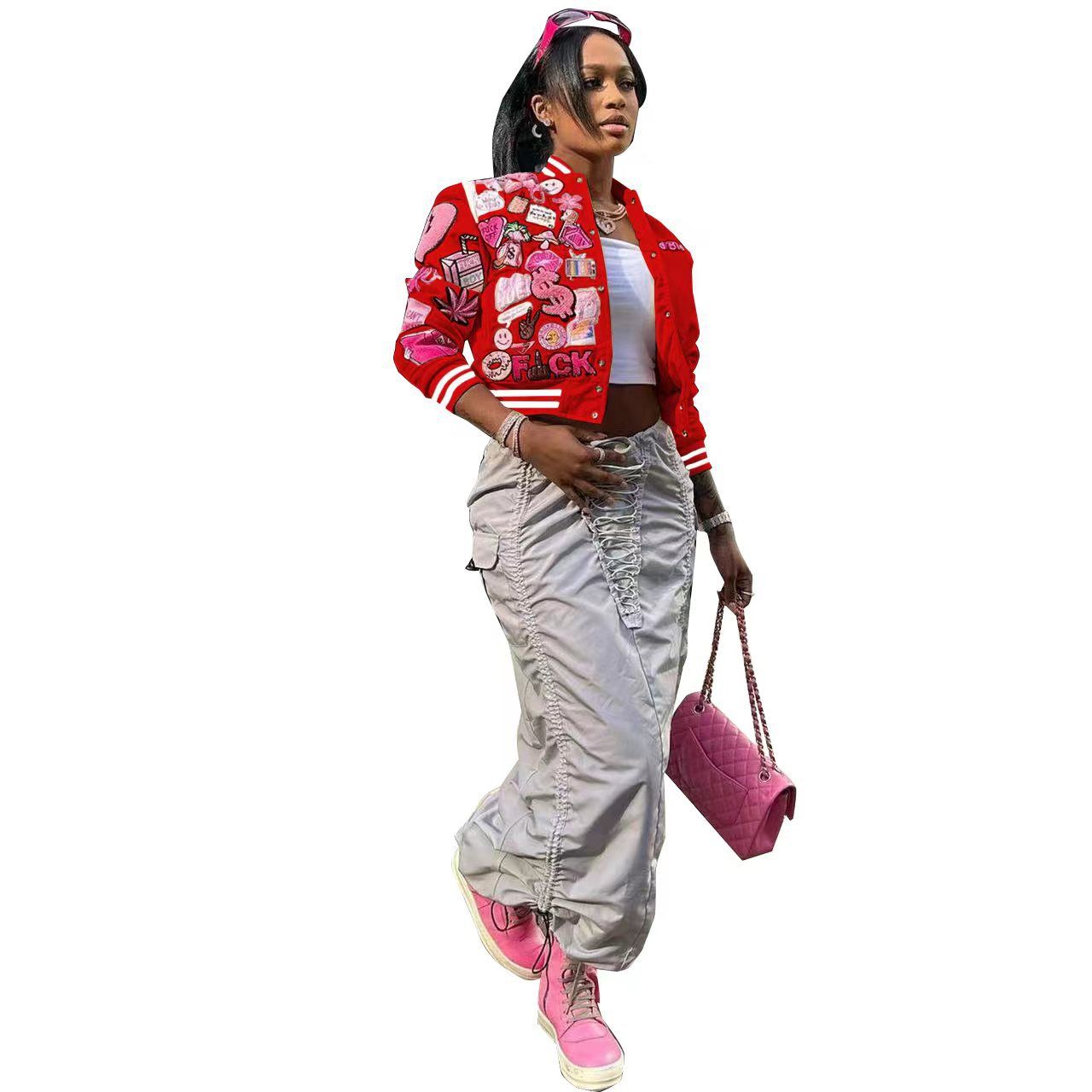 Spring Womens Clothing Print Streetwear Coat Vintage Baseball Letterman Varsity Jacket Coat Bomber Jacket For Women