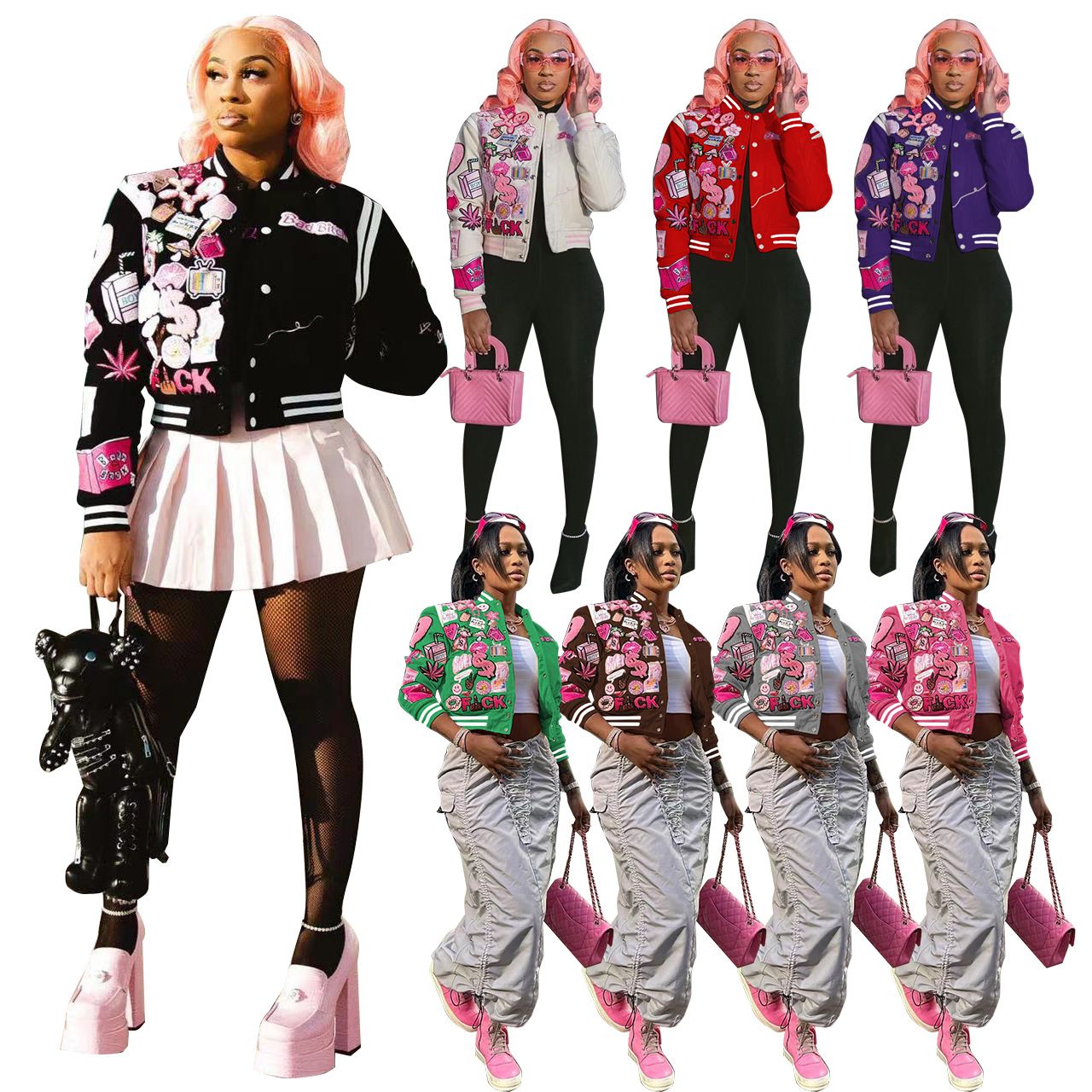 Spring Womens Clothing Print Streetwear Coat Vintage Baseball Letterman Varsity Jacket Coat Bomber Jacket For Women