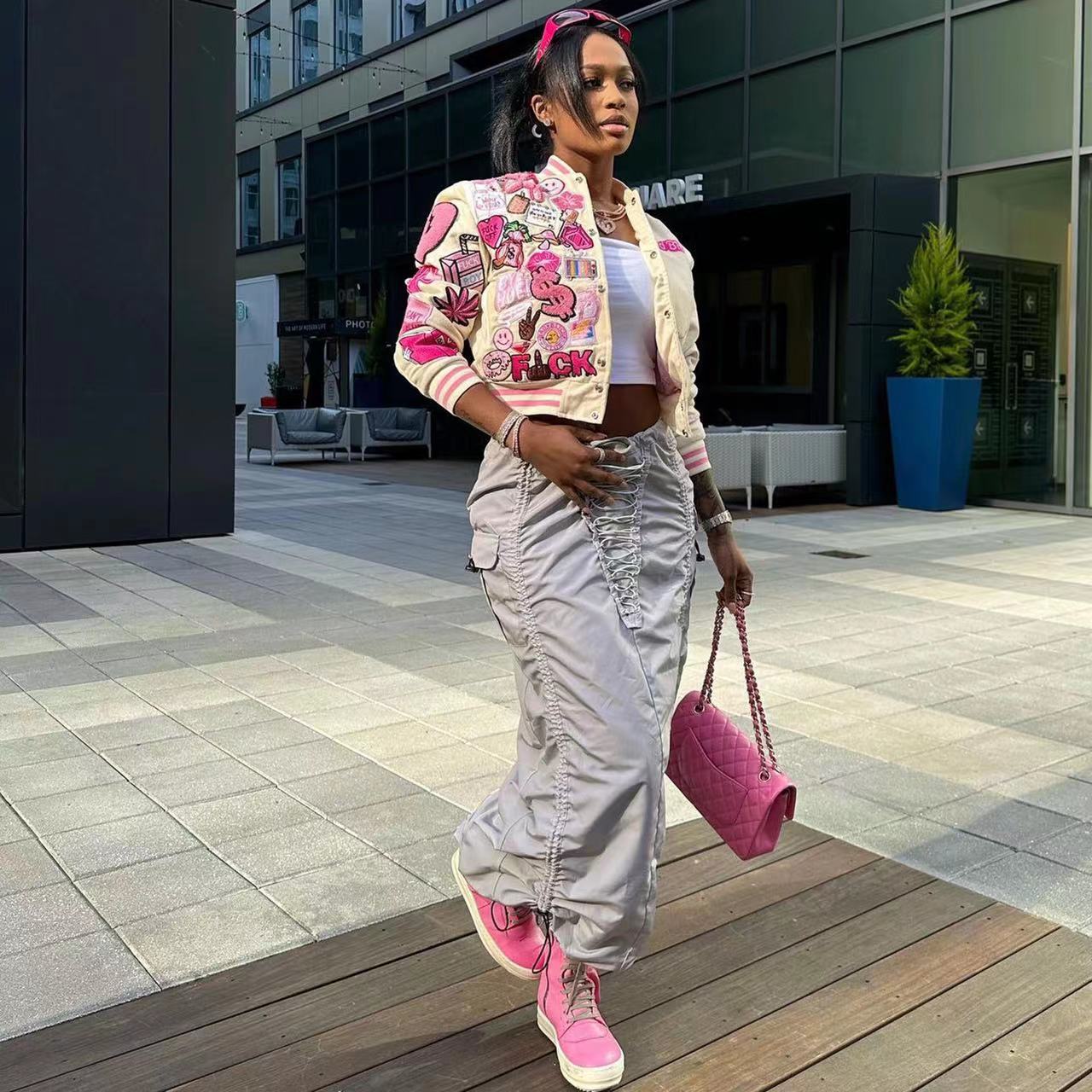 Spring Womens Clothing Print Streetwear Coat Vintage Baseball Letterman Varsity Jacket Coat Bomber Jacket For Women