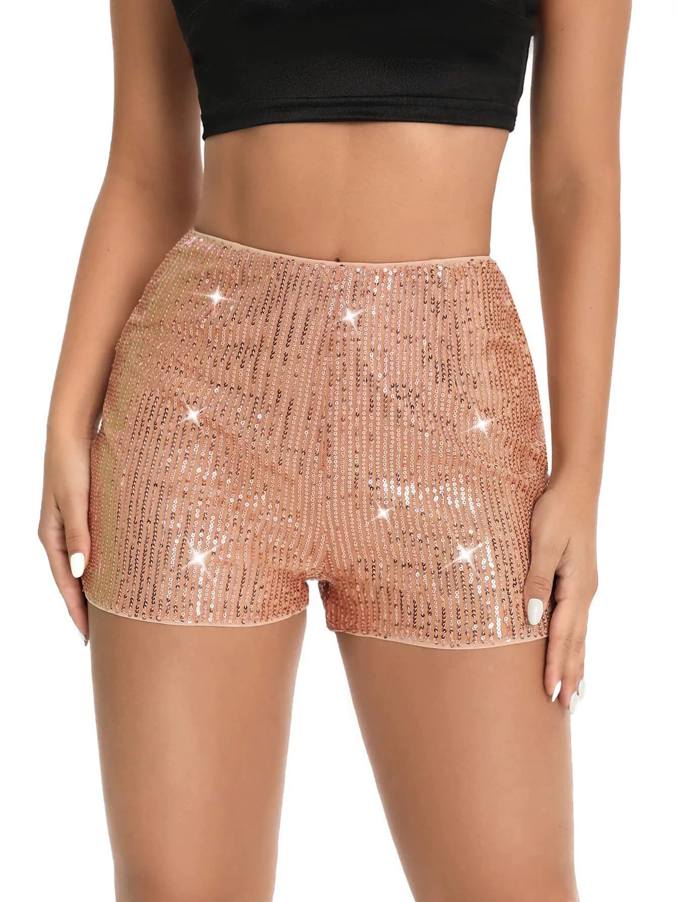 Women Sequin Shorts Elastic High Waist Sparkly Glitter Straight Short Pants Sexy Club Hot Pants Summer Streetwear