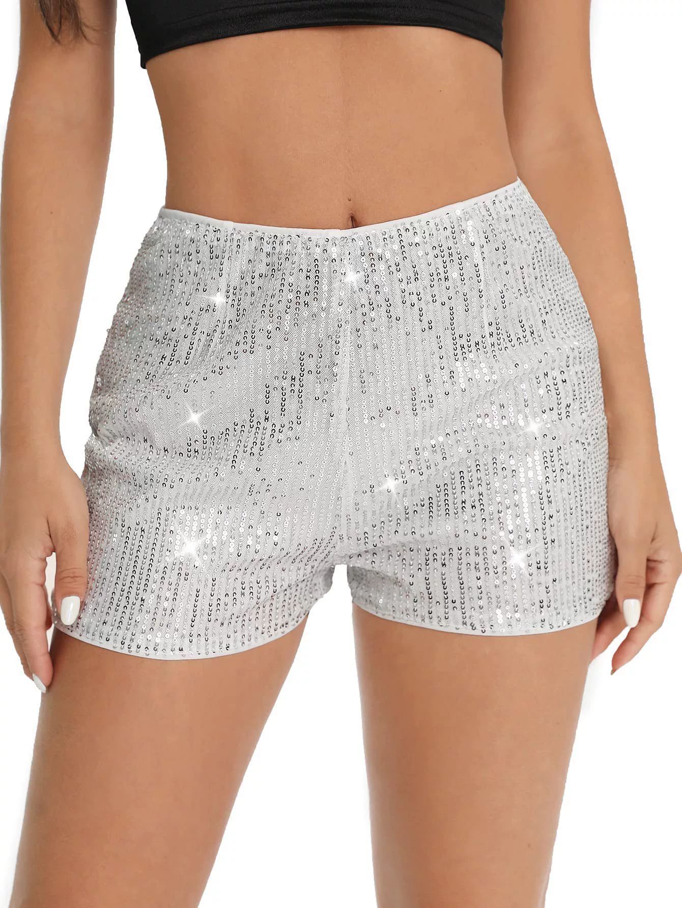 Women Sequin Shorts Elastic High Waist Sparkly Glitter Straight Short Pants Sexy Club Hot Pants Summer Streetwear