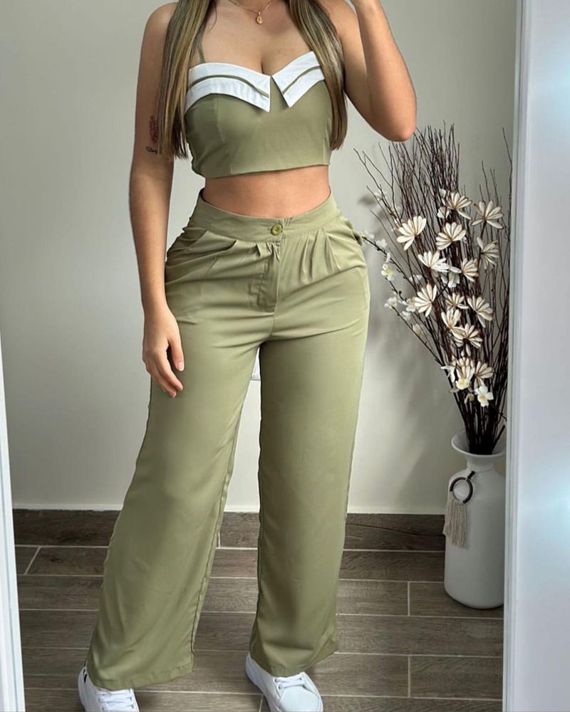 Sexy Elegant Crop Cami Top & Ruched Pocket Design Pants Set Womens Two Piece Sets Outfit New Fashion Summer Casual
