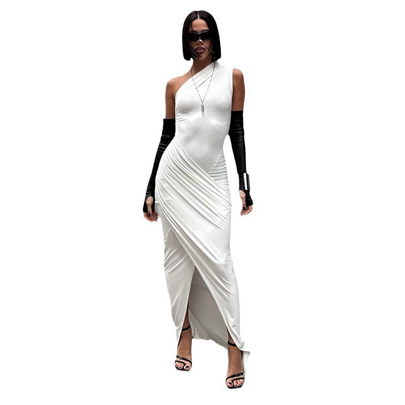 Body wrapped elegant diagonal neck midi sheath women party sleeveless split white black coffee dress Women's Clothing